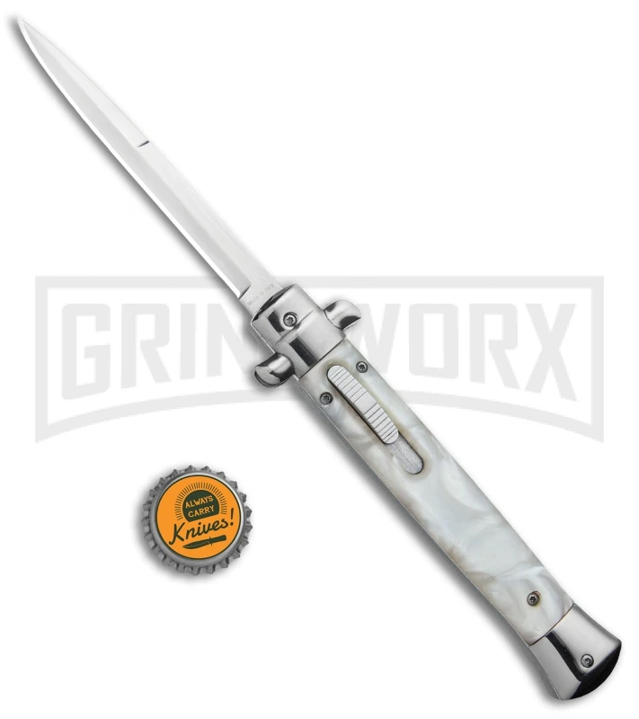 Mago 11" White Marble Italian Stiletto OTF Automatic Knife - Satin Plain - Image 5