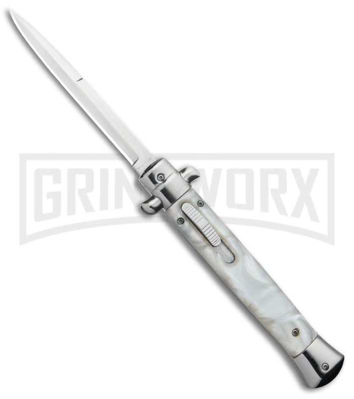Mago 11" White Marble Italian Stiletto OTF Automatic Knife - Satin Plain