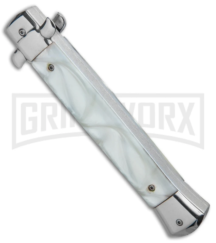 Mago 11" White Marble Italian Stiletto OTF Automatic Knife - Satin Plain - Image 3