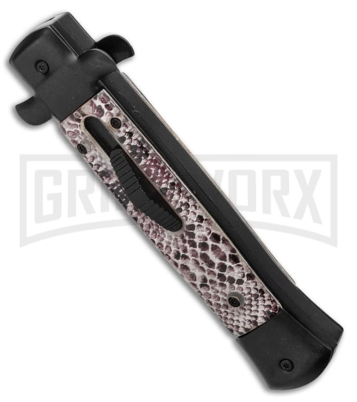 Mago 9" Sidewinder Italian Stiletto OTF Auto Knife Black - Dagger Satin Plain - Image 2