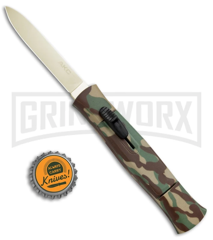 AKC 077 Concord Green Camo OTF Automatic Knife - Flat Gold Plain - Image 4