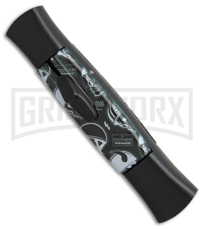 AKC 077 Concord Route 66 Skull OTF Automatic Knife - Black Plain - Image 3