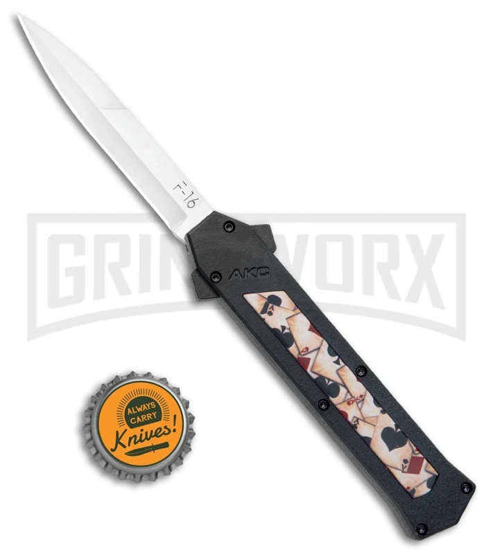 AKC F-16 Ace Playing Cards Inlay D/A OTF Automatic Knife - Bayo Satin Plain - Image 4