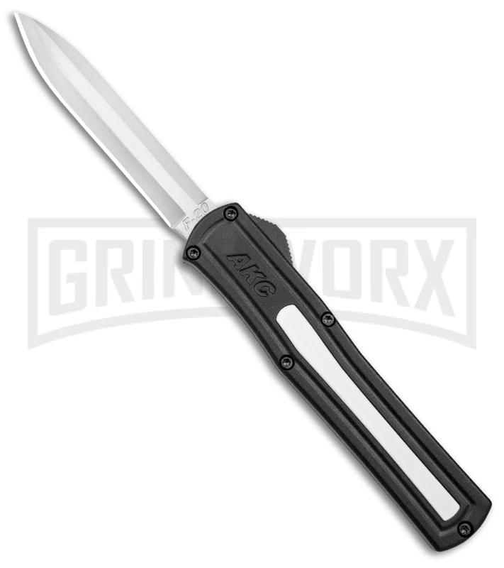 AKC F-20 Black W/ White Inlay D/A OTF Automatic Knife - Satin Plain
