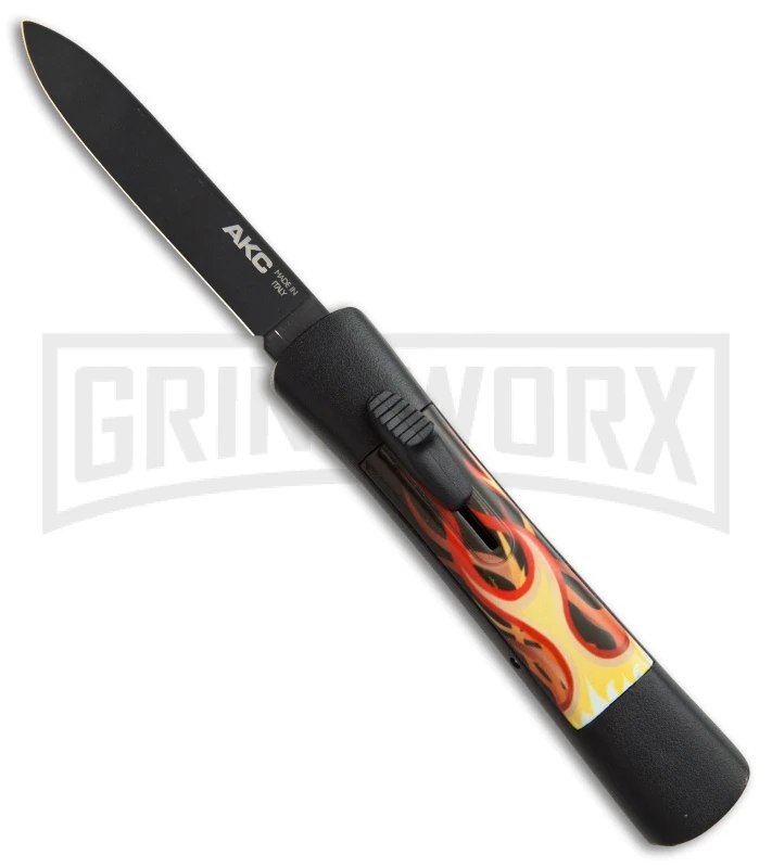 AKC Concord Flames OTF Automatic Knife - Flat Grind Black Plain