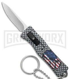 American Flag Mini Dog Tag Gray Carbon Fiber D/A OTF Auto Knife -Satin Plain