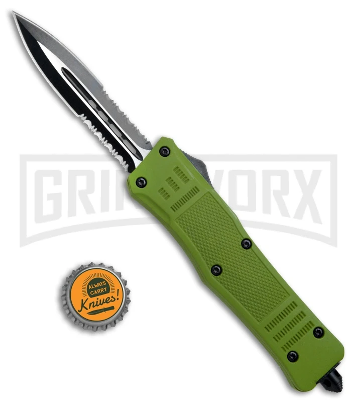 Atomic Defender Large OTF Automatic Knife OD Green - Serr Two Tone Dagger - Image 4