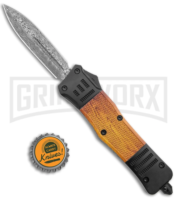 Atomic Defender Large Black/Sim Wood OTF Auto Knife - Dagger Damascus Plain - Image 4