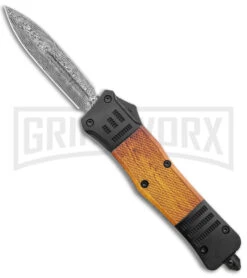 Atomic Defender Large Black/Sim Wood OTF Auto Knife - Dagger Damascus Plain