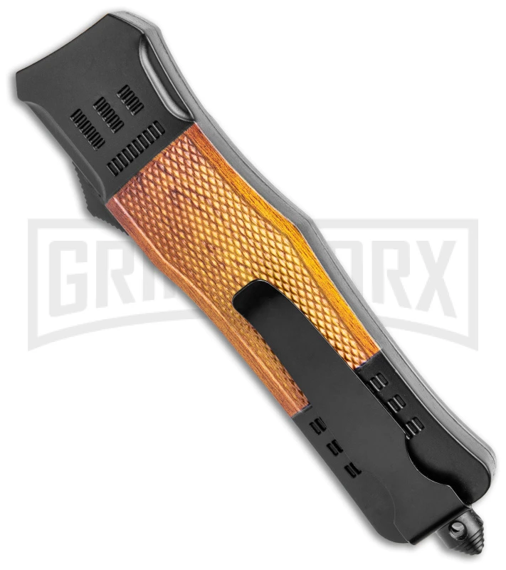 Atomic Defender Large Black/Sim Wood OTF Auto Knife - Dagger Damascus Plain - Image 3