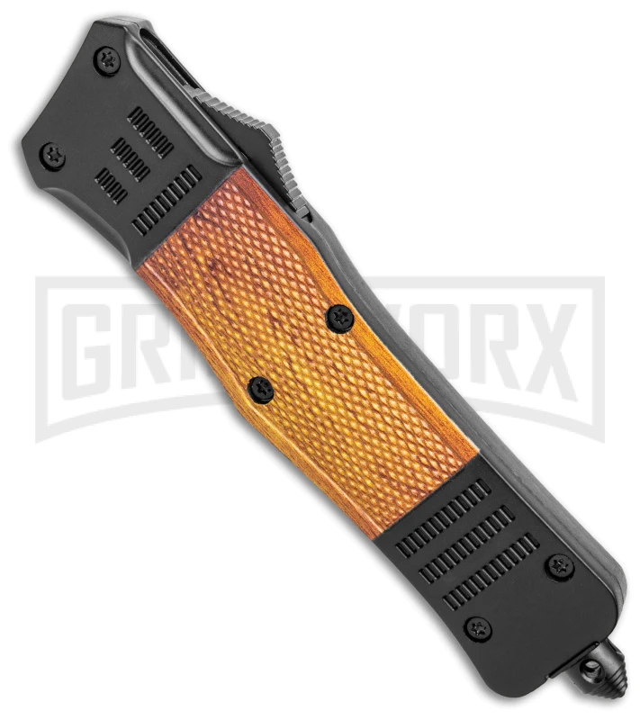 Atomic Defender Large Black/Sim Wood OTF Auto Knife - Dagger Damascus Plain - Image 2