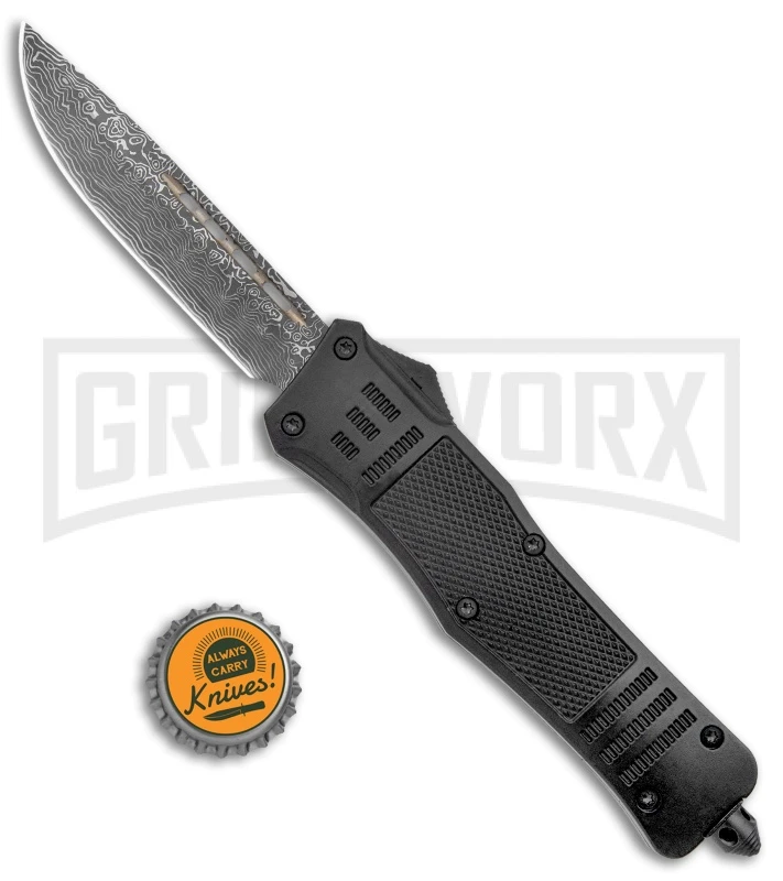 Atomic Defender Large Drop Point Black OTF Automatic Knife (3.875" Damascus) - Image 5