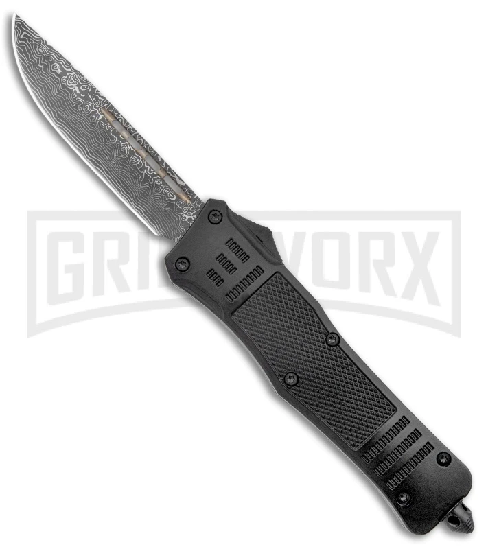 Atomic Defender Large Drop Point Black OTF Automatic Knife (3.875" Damascus)