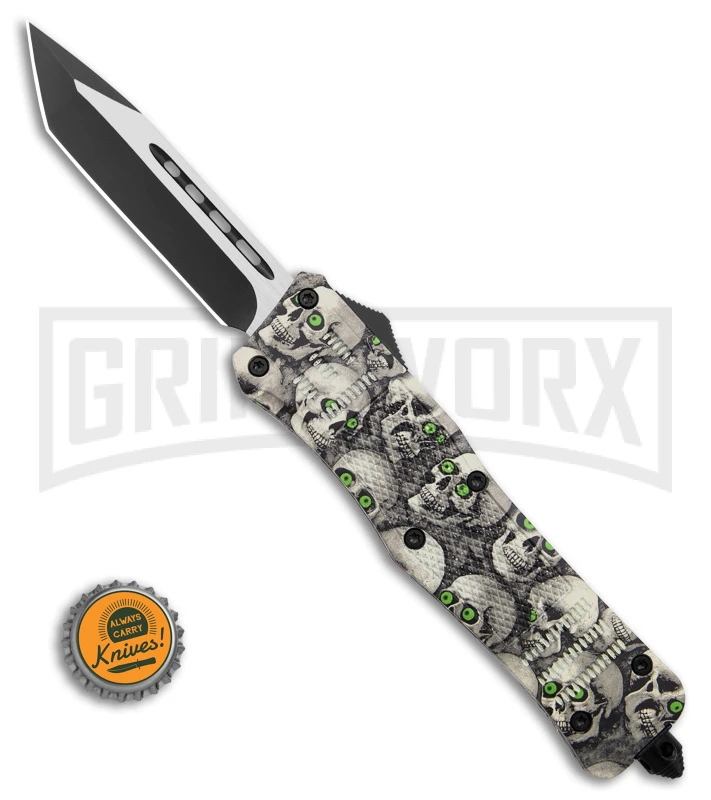 Atomic Defender Large OTF Automatic Knife Ghost White Skull - Two Tone Tanto - Image 4