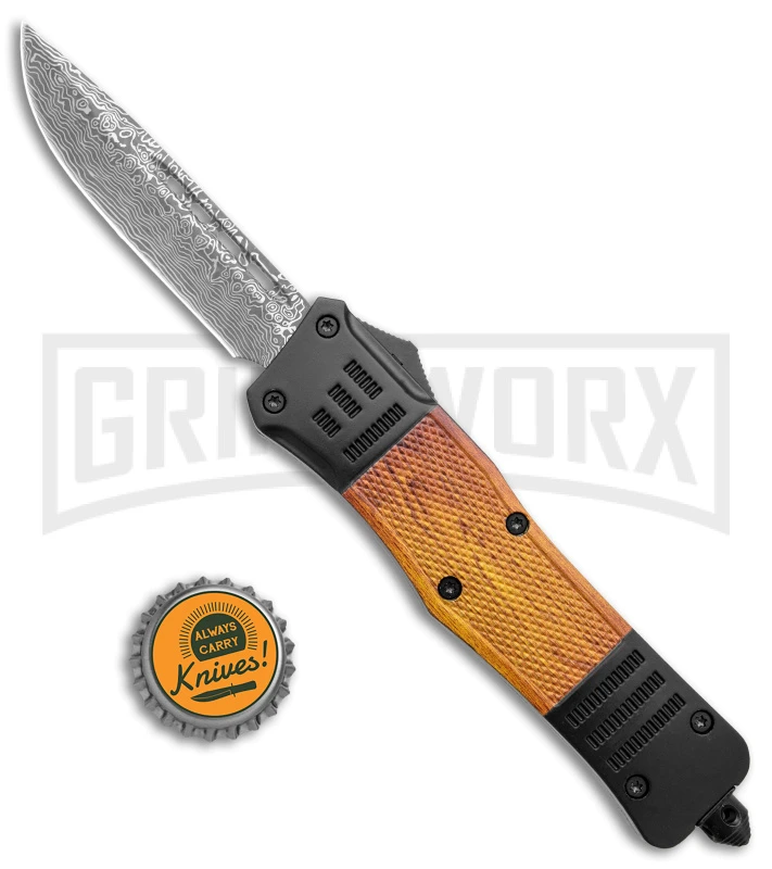Atomic Defender Large Black/Sim OTF Automatic Knife - Drop Point Damascus Plain - Image 4