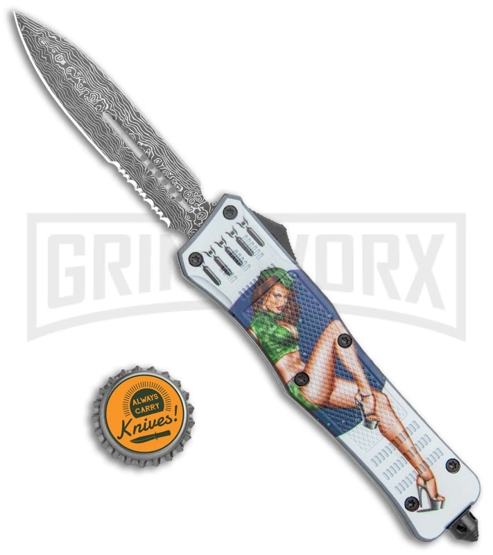 Atomic Defender Large OTF Automatic Knife Pin Up Green - Serr Damascus Dagger - Image 5