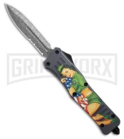 Atomic Defender Large OTF Automatic Knife Pin Up Gray - Serr Damascus Dagger
