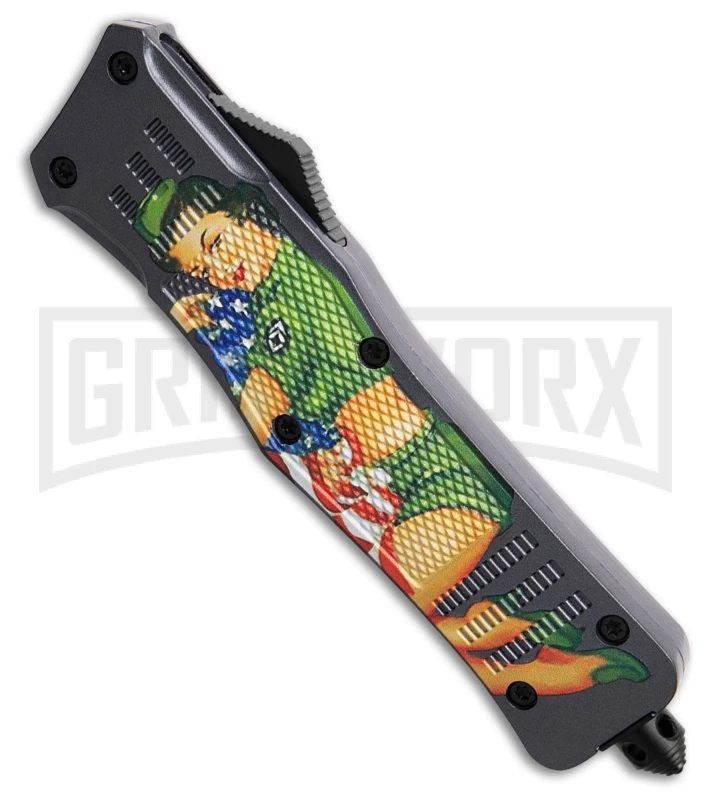 Atomic Defender Large OTF Automatic Knife Pin Up Gray - Serr Damascus Dagger - Image 2