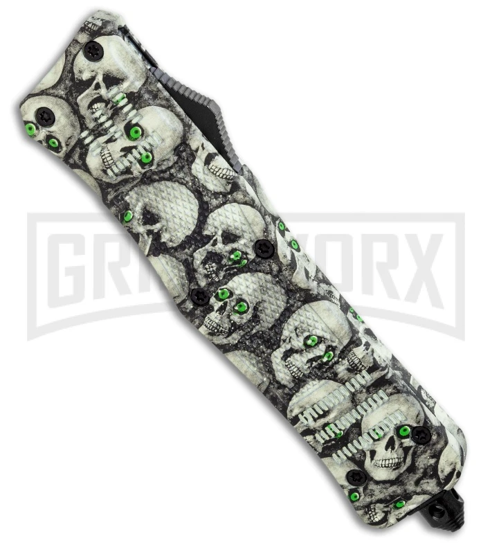 Atomic Defender Large OTF Automatic Knife Ghost White Skull - Two Tone Dagger - Image 2