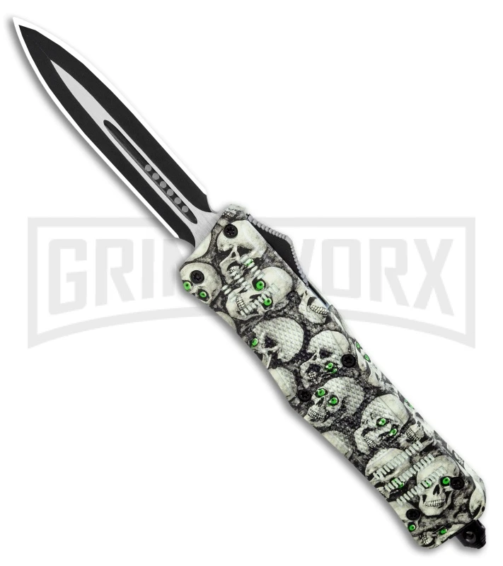 Atomic Defender Large OTF Automatic Knife Ghost White Skull - Two Tone Dagger