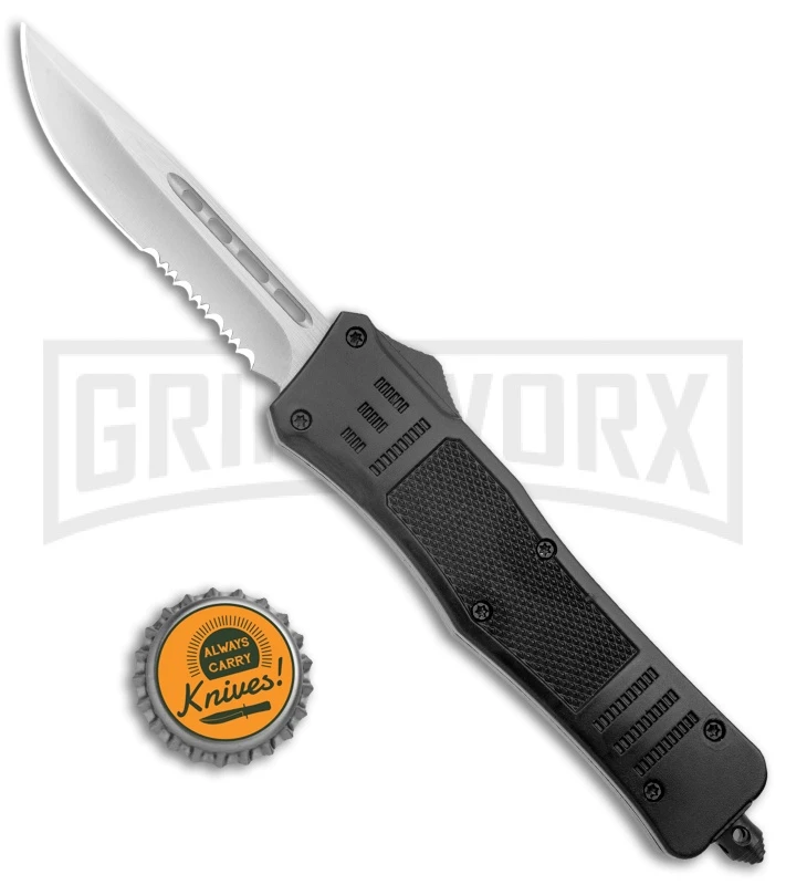 Atomic Defender Medium OTF Auto Drop Point Knife Black Serrated Satin - Image 5