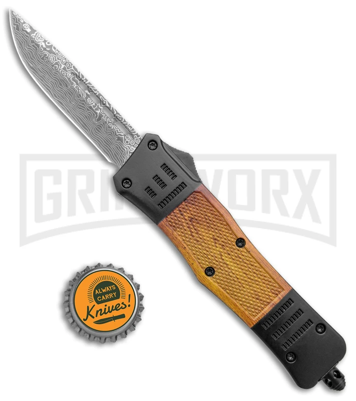Atomic Defender Medium Black/Sim OTF Automatic Knife - Drop Point Damascus Plain - Image 4