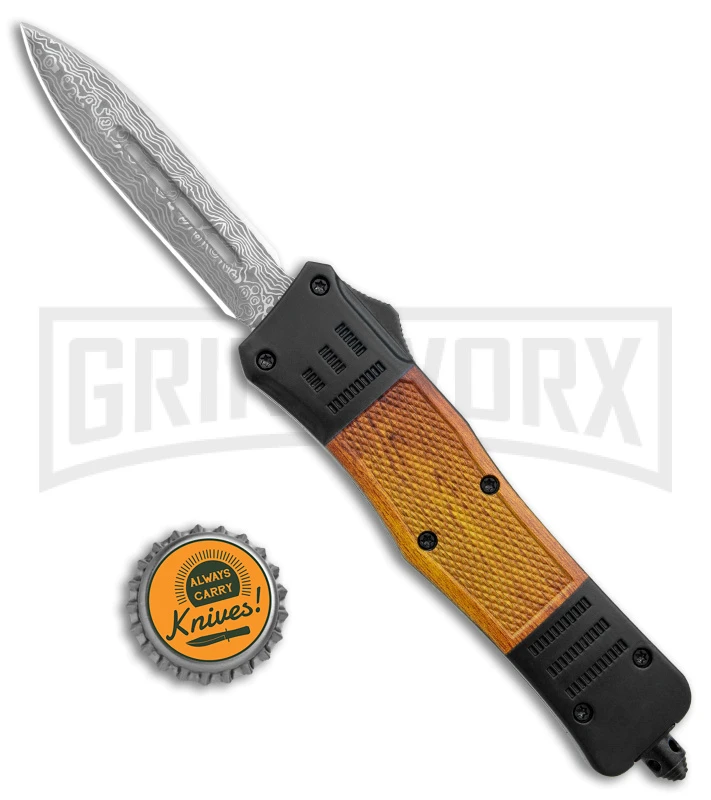 Atomic Defender Medium Black/Sim Wood OTF Auto Knife - Dagger Damascus Plain - Image 4