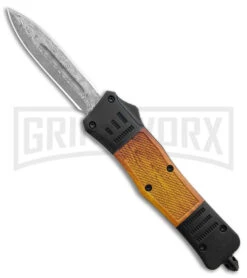 Atomic Defender Medium Black/Sim Wood OTF Auto Knife - Dagger Damascus Plain