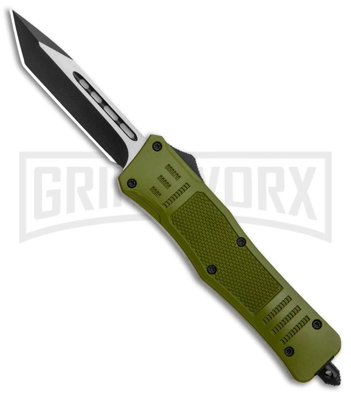 Atomic Defender Medium OTF Automatic Knife OD Green - Plain Two Tone Tanto
