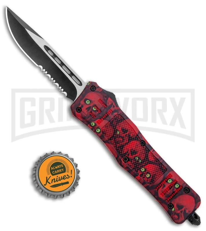 Atomic Defender Med OTF Auto Knife Red Skull Drop Point Serr Knife - Image 5