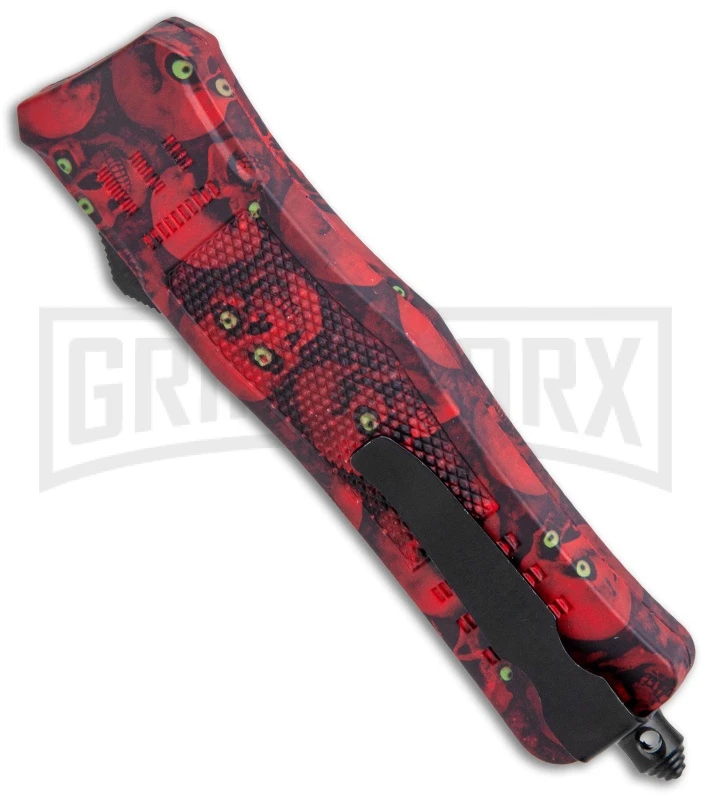 Atomic Defender Med OTF Auto Knife Red Skull Drop Point Serr Knife - Image 3