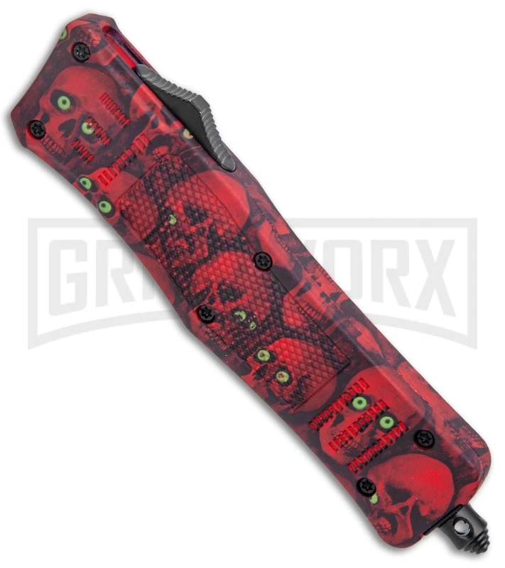 Atomic Defender Med OTF Auto Knife Red Skull Drop Point Serr Knife - Image 2