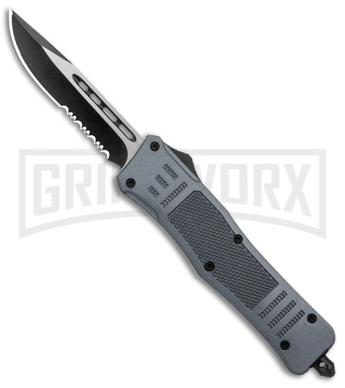 Atomic Defender Medium OTF Automatic Knife Gray - Two Tone Serr Drop Point