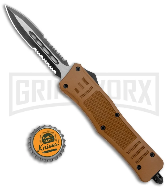 Atomic Defender Medium OTF Automatic Dagger Sand Brown - (3.25" Serr) - Image 5