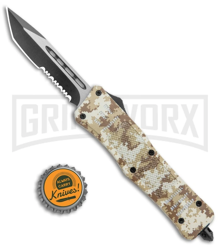 Atomic Defender Med OTF Auto Tanto Tan Camo Knife (3.25" Two-Tone Serr) - Image 5