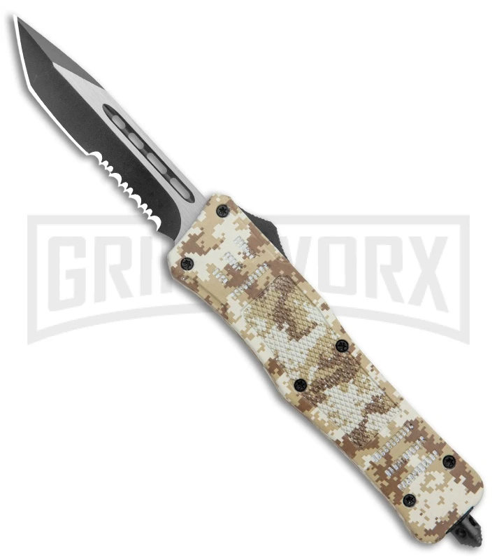 Atomic Defender Med OTF Auto Tanto Tan Camo Knife (3.25" Two-Tone Serr)