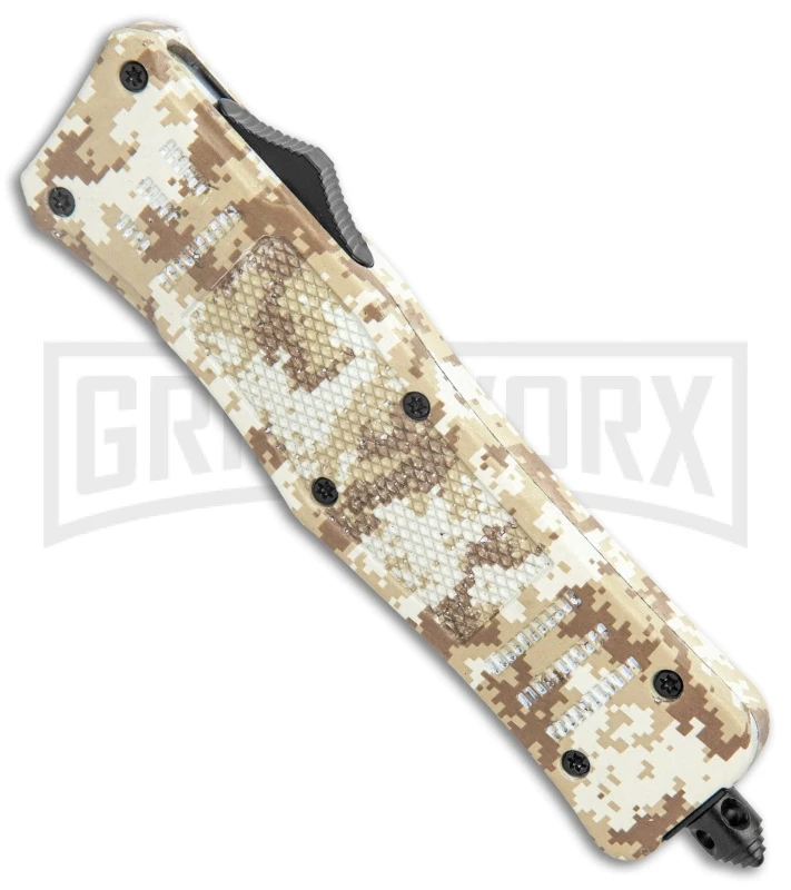 Atomic Defender Med OTF Auto Tanto Tan Camo Knife (3.25" Two-Tone Serr) - Image 2