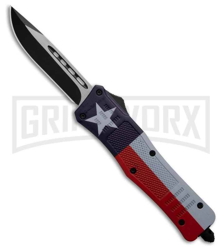 Atomic Defender Texas Flag Lonestar Medium OTF Automatic Knife - Two-Tone Plain