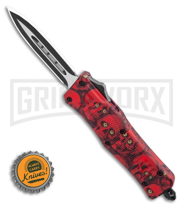 Atomic Defender Mini OTF Automatic Knife Red Skull - Two Tone Dagger Plain - Image 4