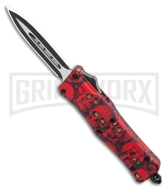 Atomic Defender Mini OTF Automatic Knife Red Skull - Two Tone Dagger Plain