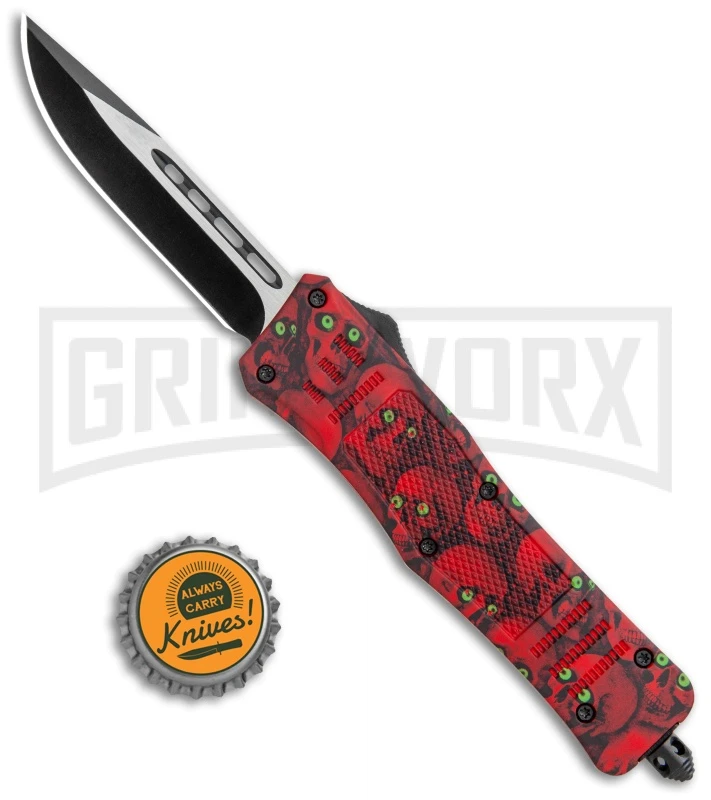 Atomic Defender Medium OTF Automatic Knife Red Skull - Two Tone Drop Point - Image 5