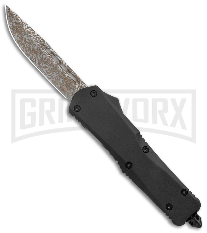 Atomic Lance Drop Point Black OTF Automatic Knife - Damascus Plain