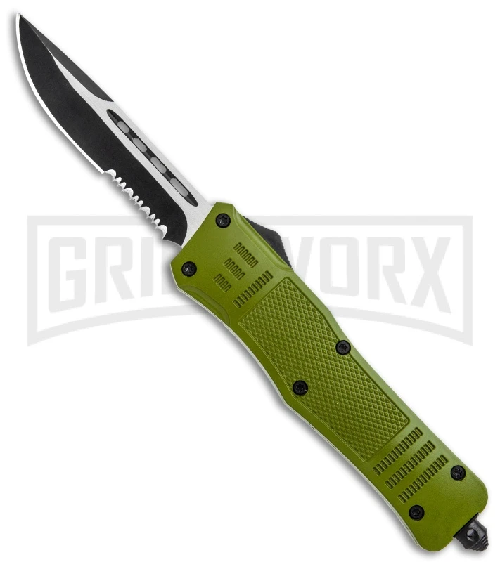 Atomic Defender Large OTF Automatic Knife OD Green - Serr Two Tone Drop Point