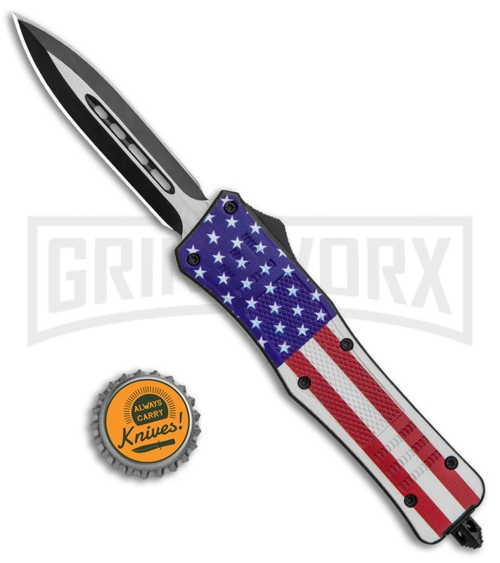 Atomic Defender Medium OTF Automatic Knife Stars & Stripes Flag Two Tone Dagger - Image 5
