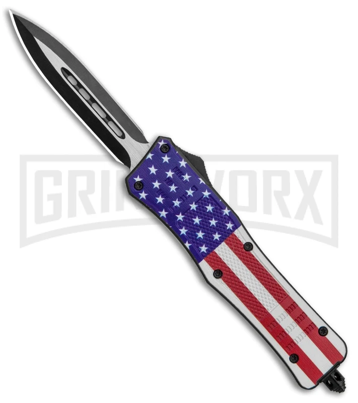 Atomic Defender Medium OTF Automatic Knife Stars & Stripes Flag Two Tone Dagger
