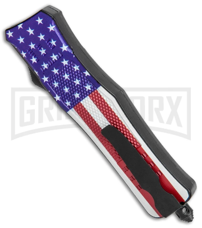 Atomic Defender Medium OTF Automatic Knife Stars & Stripes Flag Two Tone Dagger - Image 3