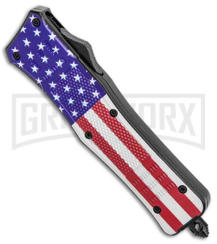 Atomic Defender Medium OTF Automatic Knife Stars & Stripes Flag Two Tone Dagger - Image 2