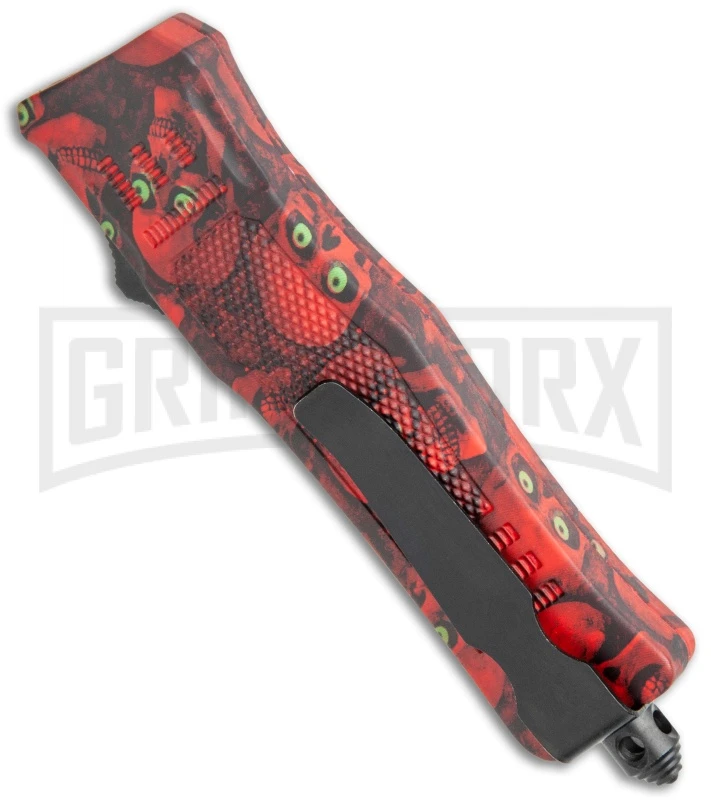 Atomic Defender Mini OTF Automatic Knife Red Skull - Two Tone Drop Point Plain - Image 3