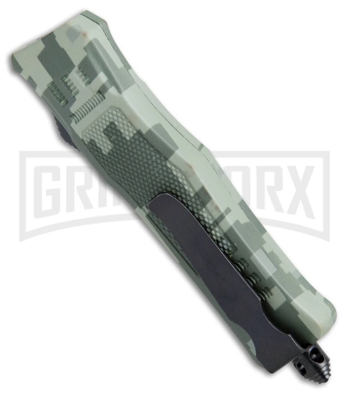 Atomic Defender Mini OTF Automatic Knife Green Digi Camo - Serr Two Tone Dagger - Image 3