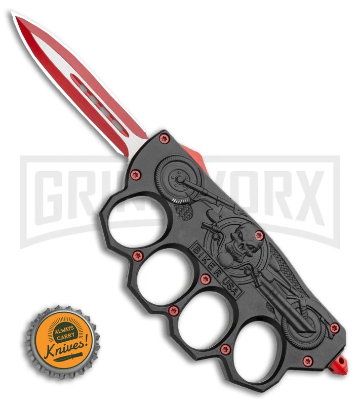 Atomic Black And Red OTF Automatic Knuckle Knife Biker USA - Dagger Two-Tone - Image 4
